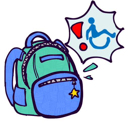 A drawing of a blue and teal backpack and a spiky speech bubble containing a red exclamation point and the disability/handicap symbol consisting of a blue pictogram of a wheelchair user. 